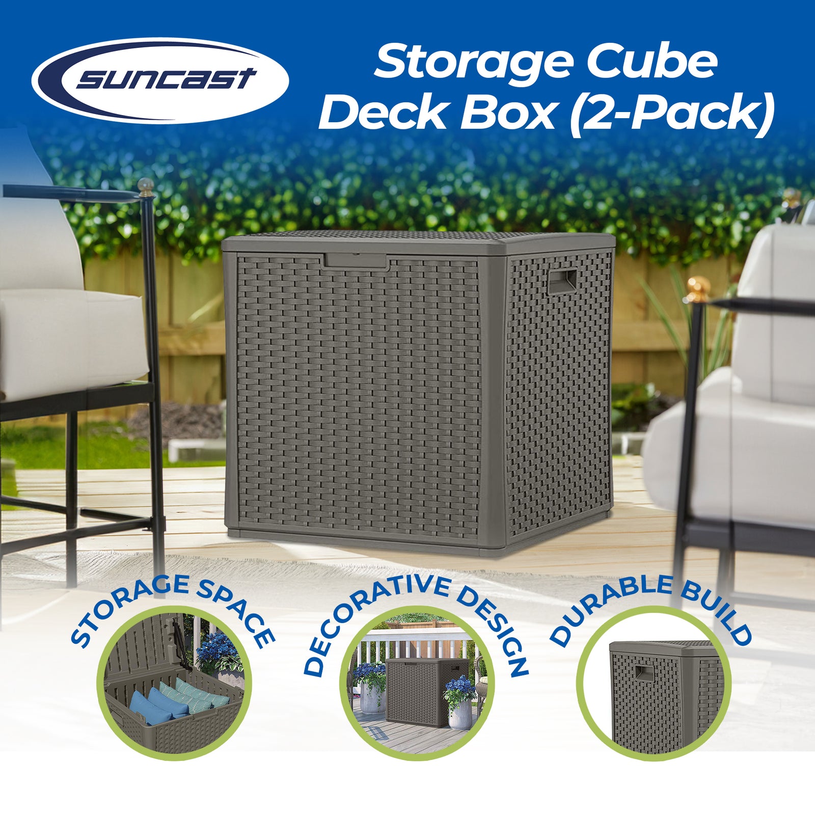 Suncast 60 Gallon Resin Outdoor Patio Storage Cube Deck Box, Stoney (2 Pack) - VMInnovations