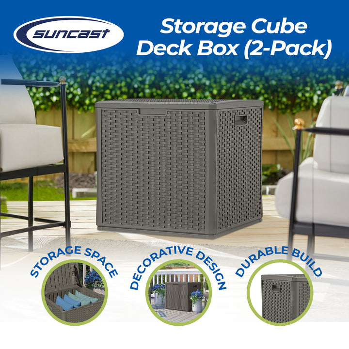 Suncast 60 Gallon Resin Outdoor Patio Storage Cube Deck Box, Stoney (2 Pack)