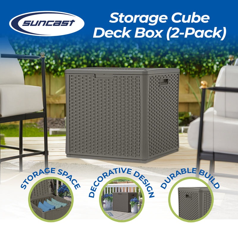 Suncast 60 Gallon Resin Outdoor Patio Storage Cube Deck Box, Stoney (2 Pack)