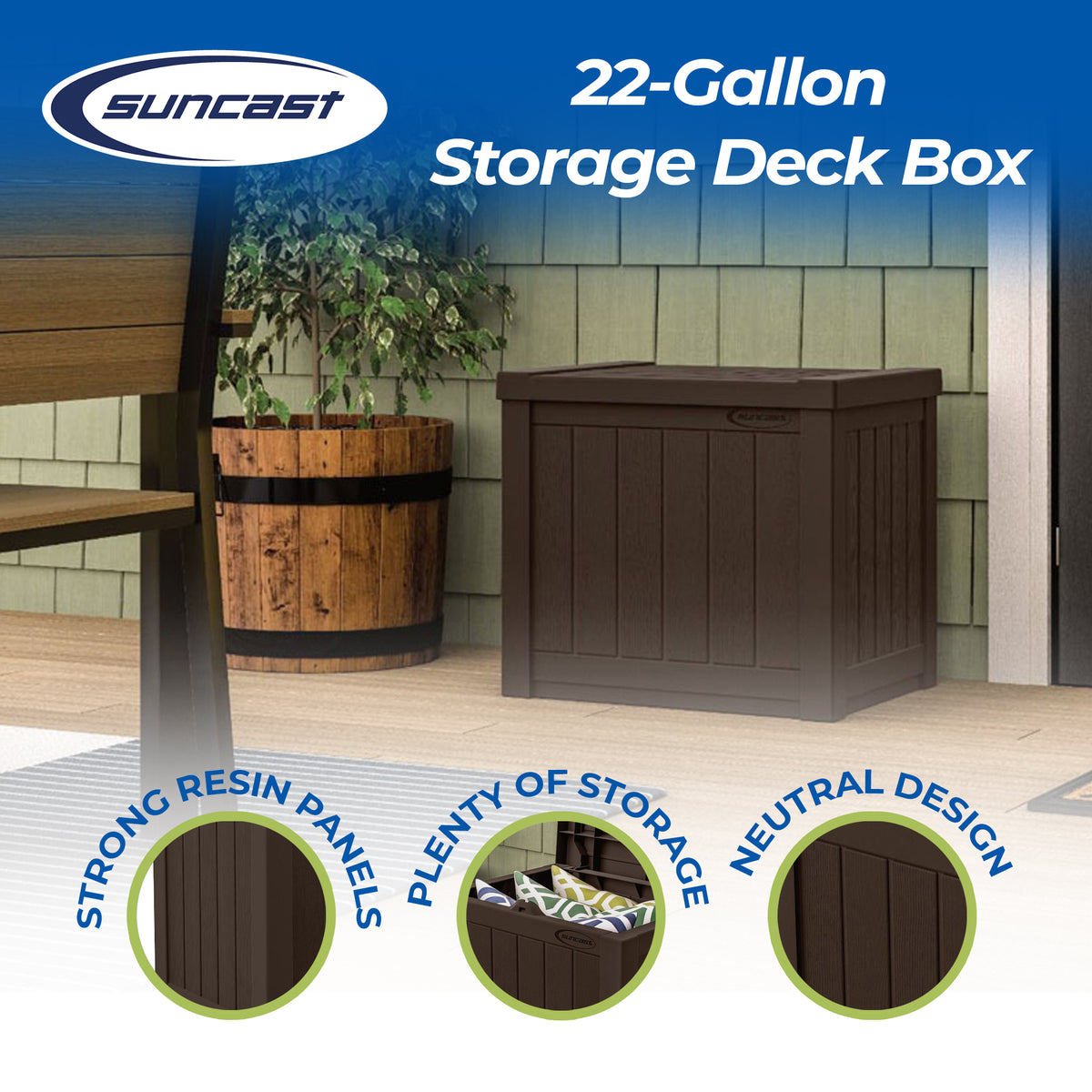 Suncast 17x22in Resin 22-Gallon Indoor Patio Storage Deck Box, Java (Open Box)