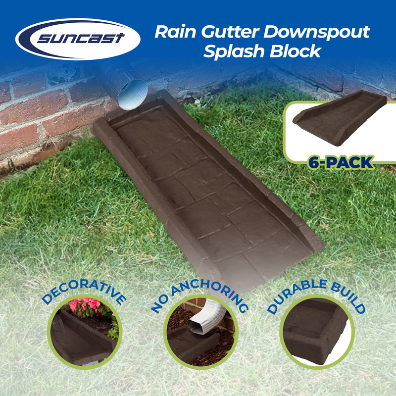 Suncast Outdoor Decorative Rain Gutter Downspout Splash Block, Java (6 Pack)