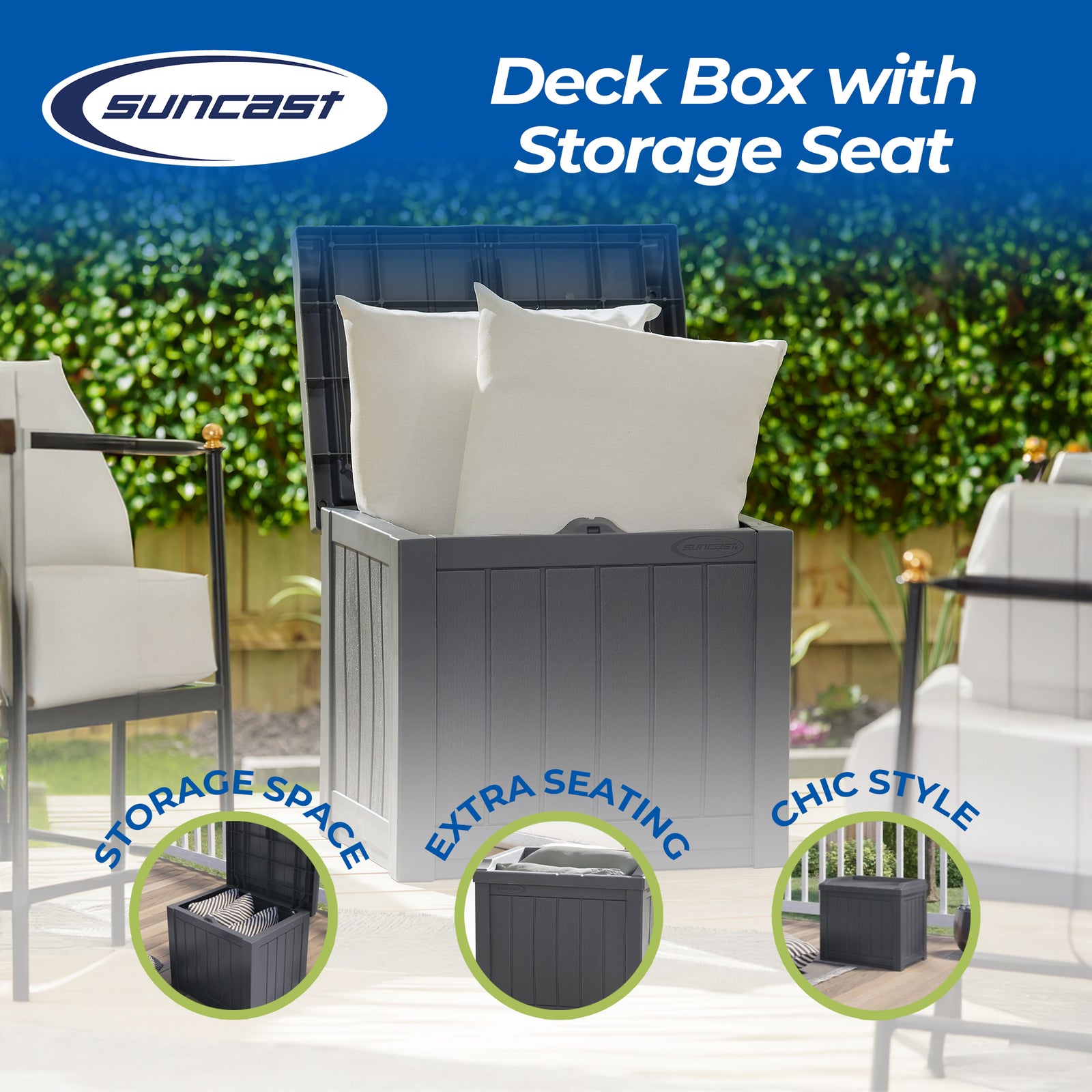 Suncast 22 Gallon Outdoor Patio Small Deck Box with Storage Seat, Cyberspace - VMInnovations