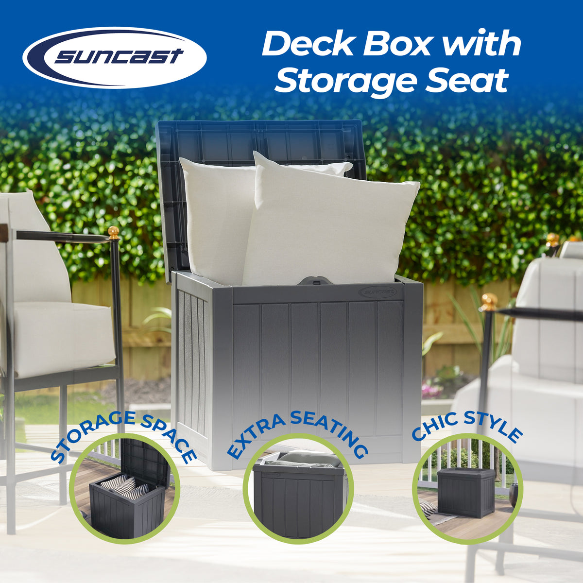 Suncast SS601C 22 Gallon Outdoor Patio Small Deck Box w/ Storage Seat,Cyberspace (Damaged)