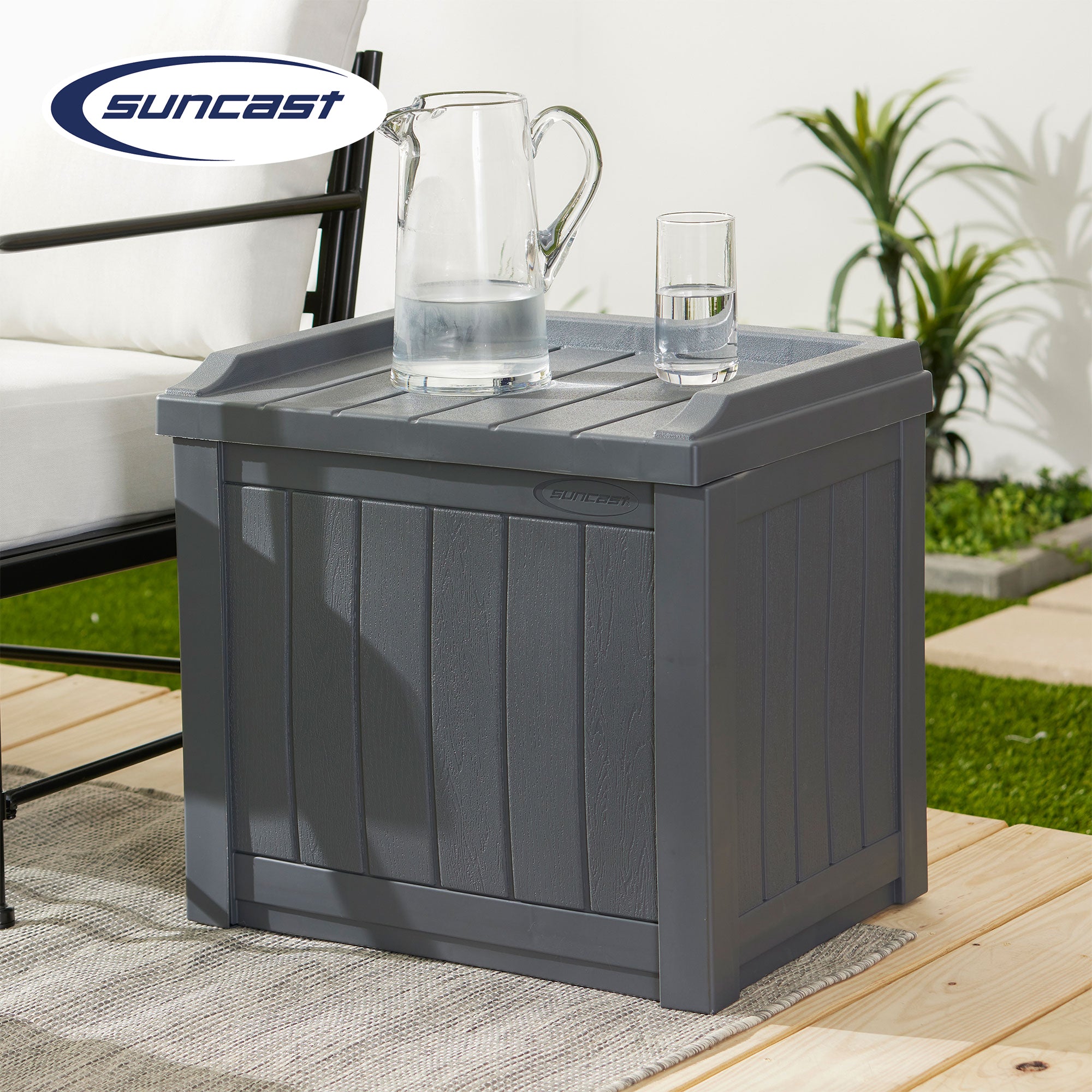 Suncast 22 Gallon Outdoor Patio Small Deck Box with Storage Seat, Cyberspace - VMInnovations