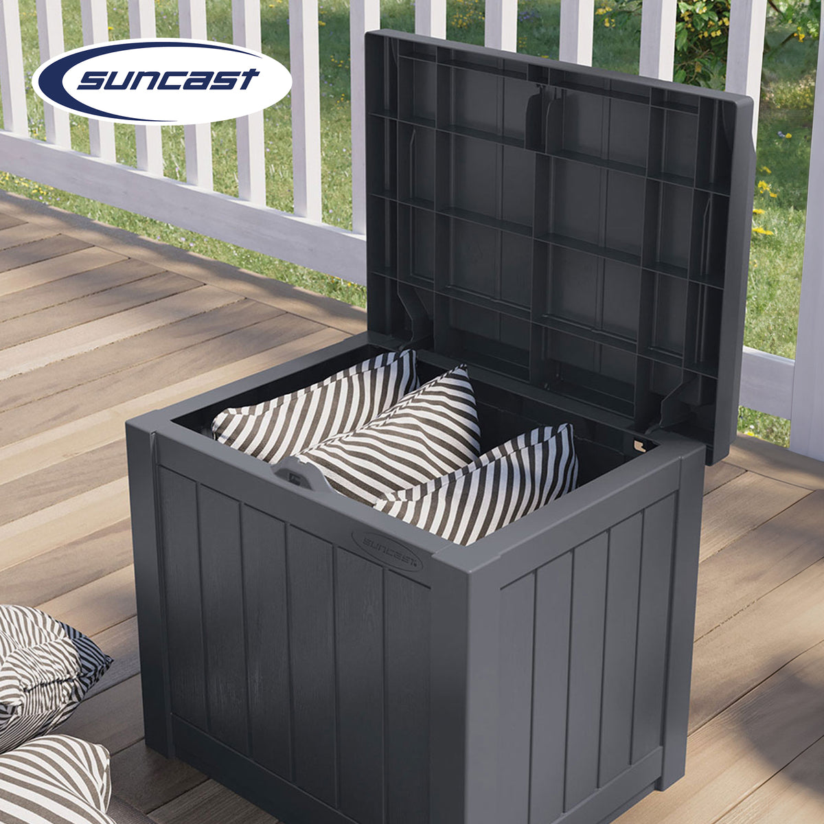 Suncast 22 Gal Outdoor Patio Small Deck Box w/Storage Seat, Cyberspace (2 Pack)