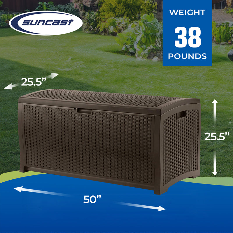 Suncast 99 Gallon Deck Garden Garage Home Wicker Resin Pool Box, Mocha (2 Pack)