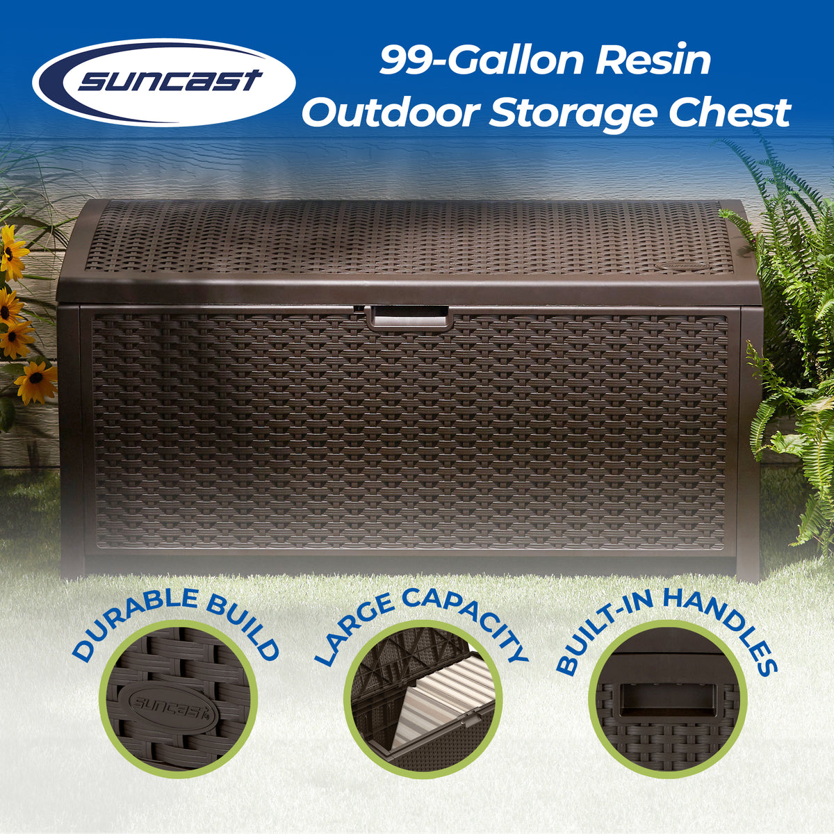 Suncast 99 Gallon Deck Garden Garage Home Wicker Resin Pool Box-Mocha (Used)