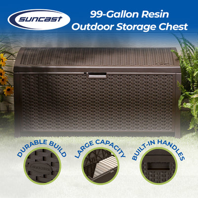 Suncast 99 Gallon Deck Garden Garage Home Wicker Resin Pool Box-Mocha (Used)