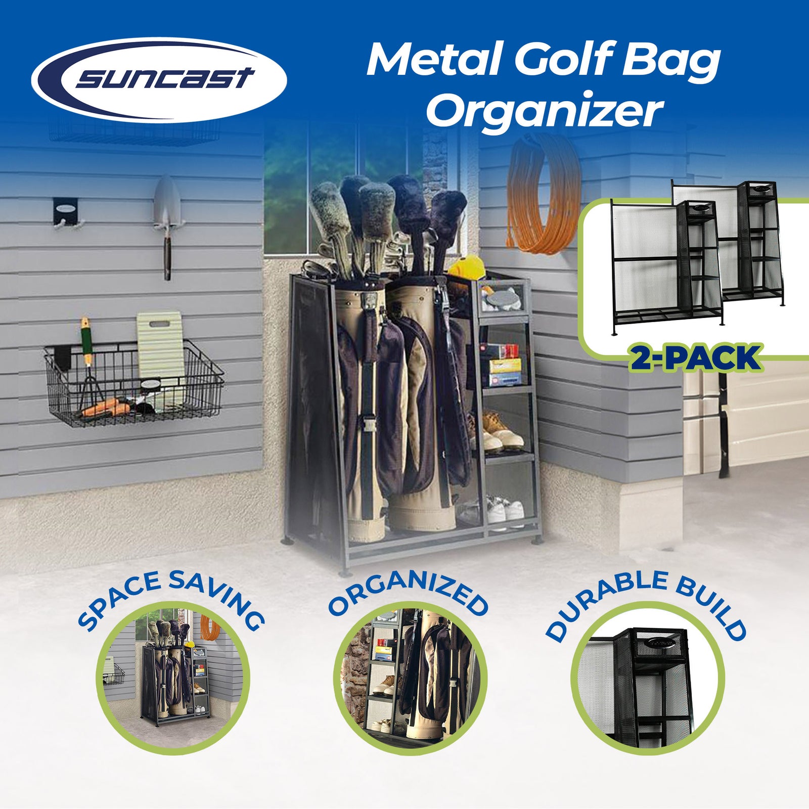 Suncast Metal Complete Golf Bag Organizer for Garage w/ Shelves & Bin (2 Pack) - VMInnovations