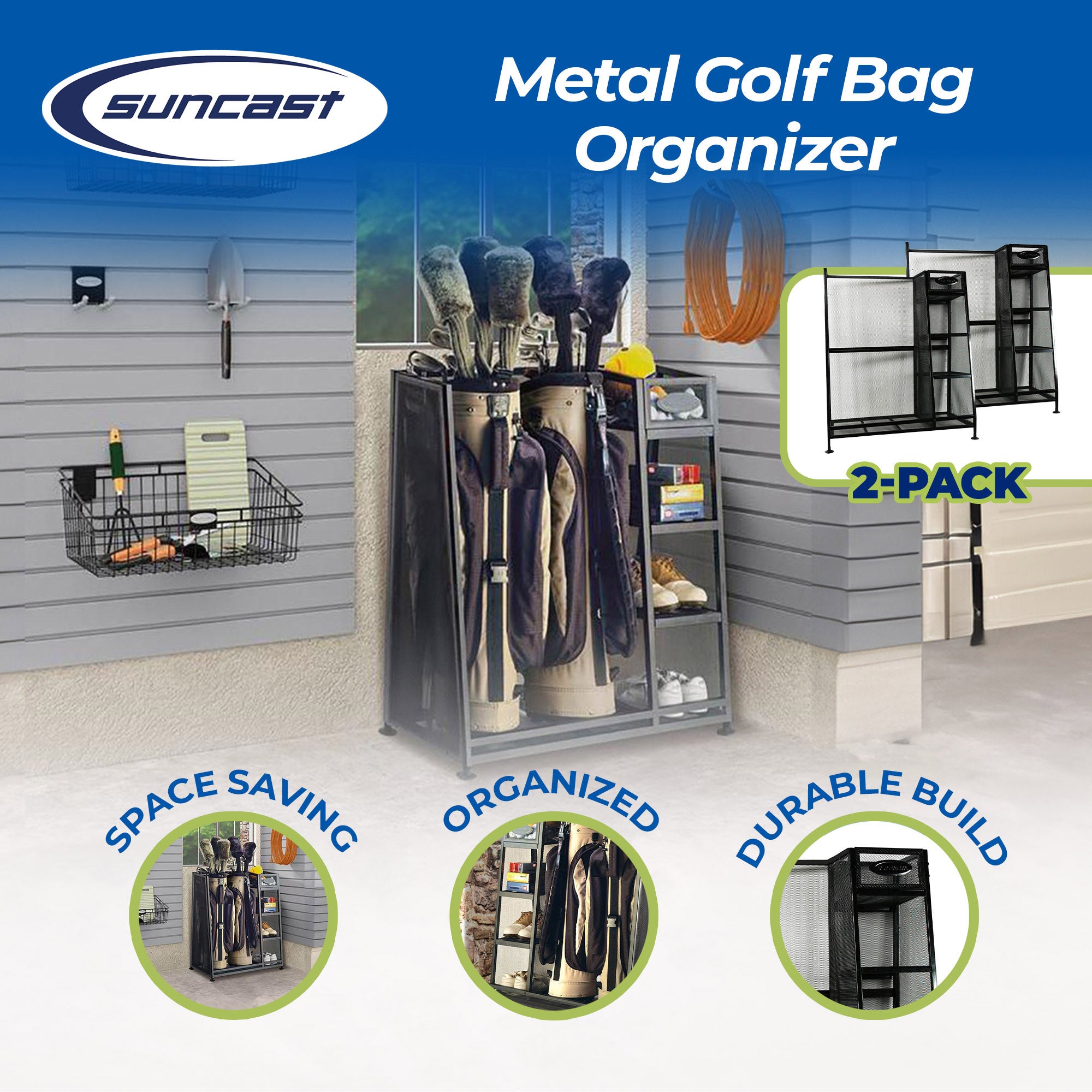 Suncast Metal Complete Golf Bag Organizer for Garage w/ Shelves & Bin (2 Pack) - VMInnovations