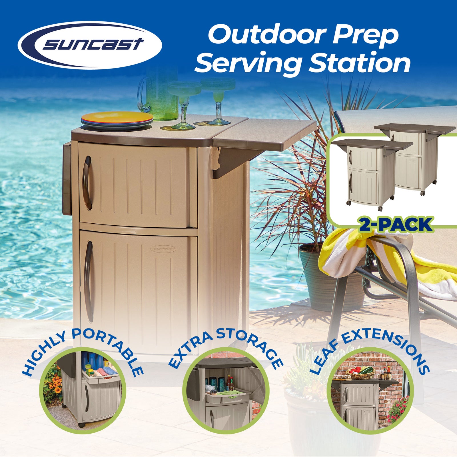 New Suncast Portable Outdoor Patio Prep Serving Station Table & Cabinet (2 Pack) - VMInnovations