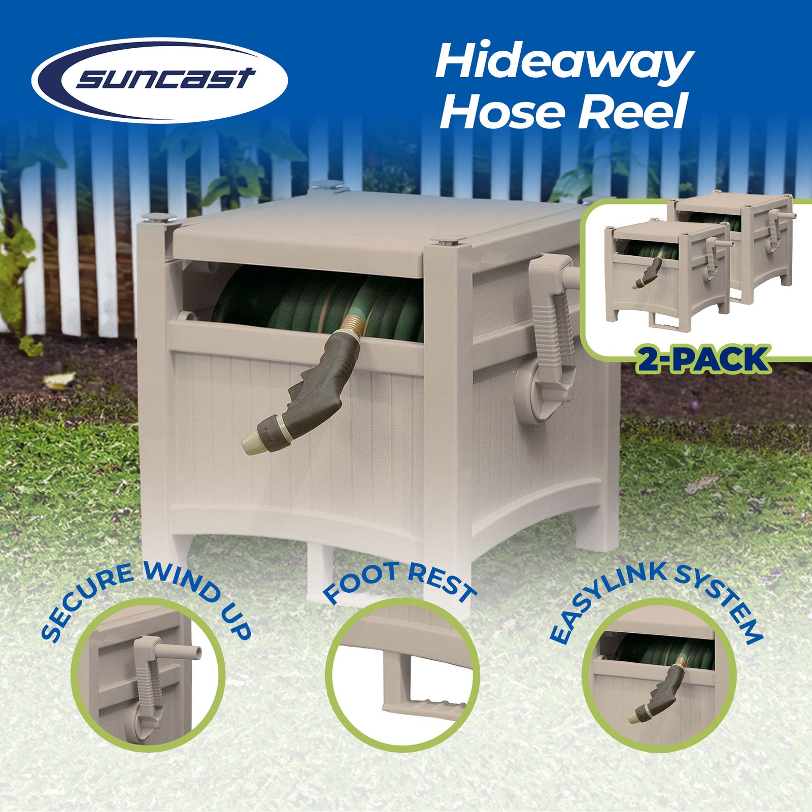 Suncast 100 Ft Capacity Stationary Resin 5/8" Garden Hose Reel Hideaway (2 Pack) - VMInnovations