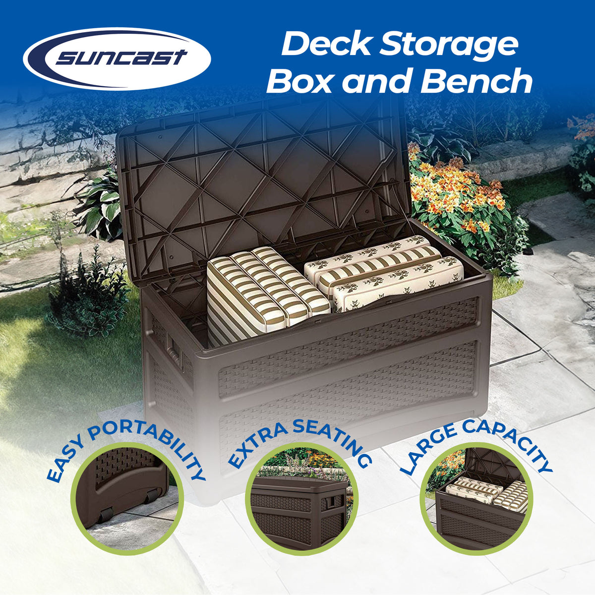 Suncast Outdoor 73 Gallon Garden Patio Storage Chest, Handles, Seat, Java (Used)