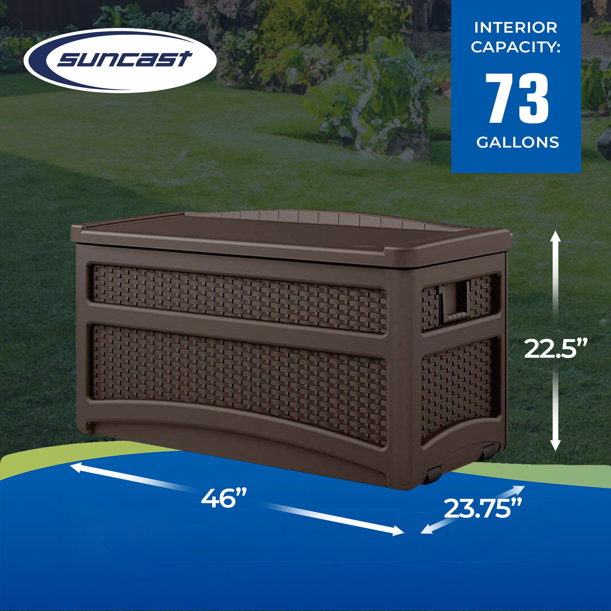 Suncast Outdoor 73 Gallon Garden Patio Storage Chest, Handles, Seat, Java (Used)