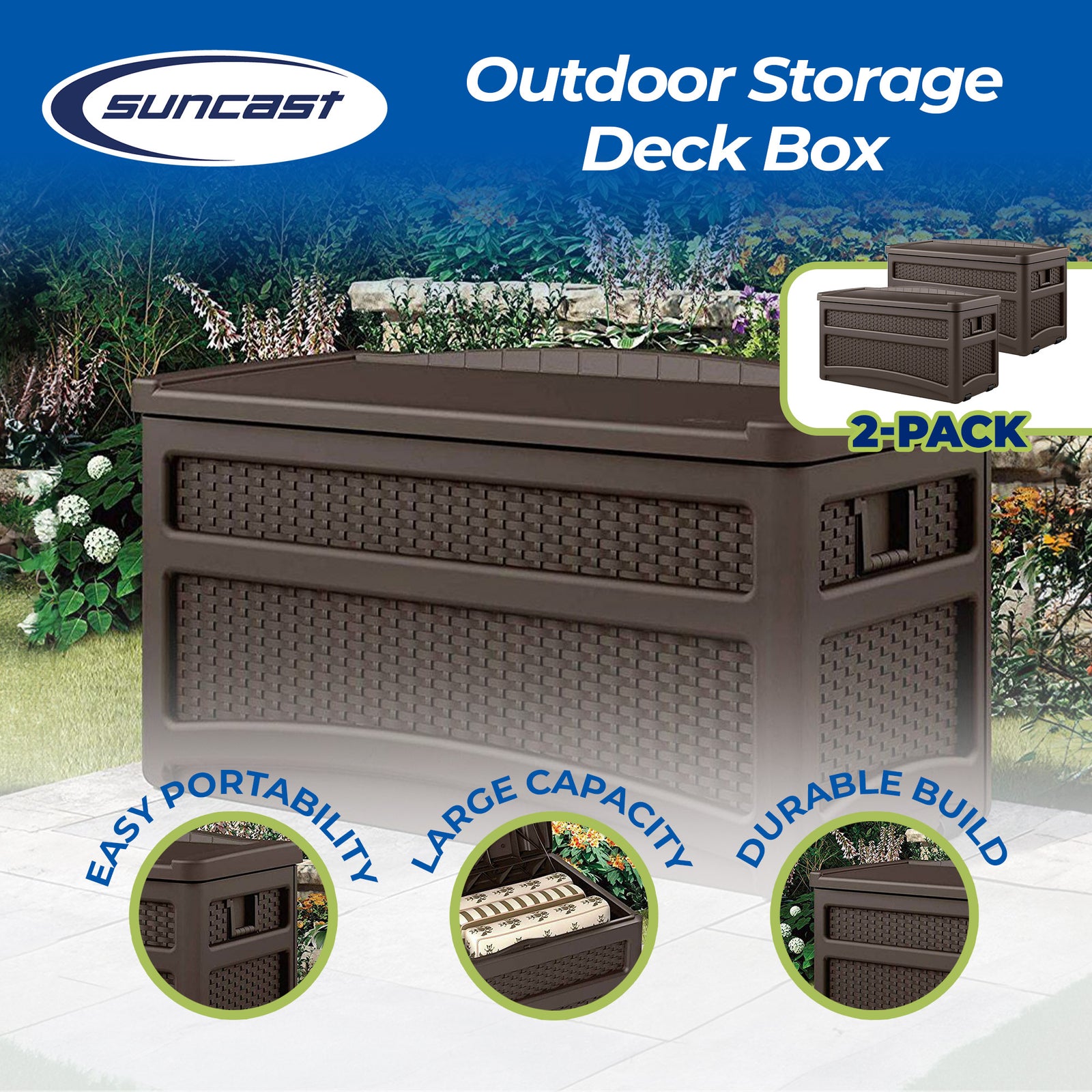 Suncast Outdoor 73 Gallon Patio Storage Chest with Handles and Seat, Java (2 Pk) - VMInnovations