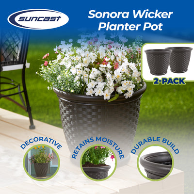 Suncast Sonora 18 Inch Resin Wicker Decorative Flower Planter, Brown (2 Pack)