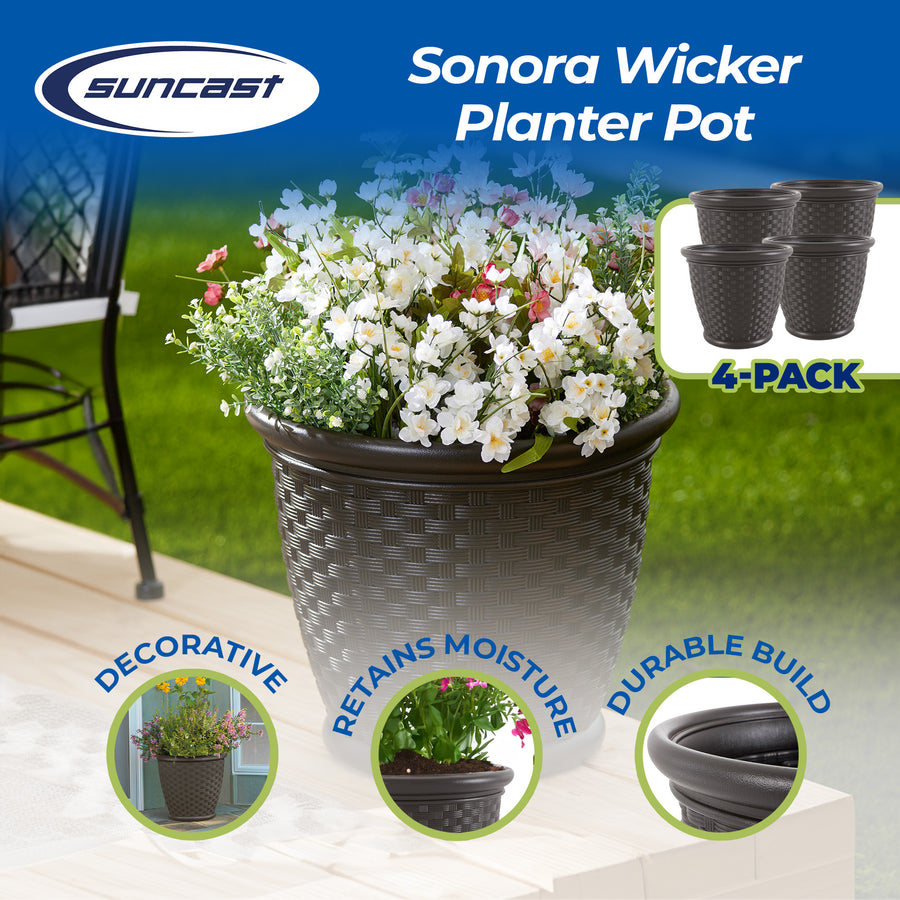 Suncast Sonora 18 Inch Resin Wicker Decorative Flower Planter, Brown (4 Pack) - VMInnovations