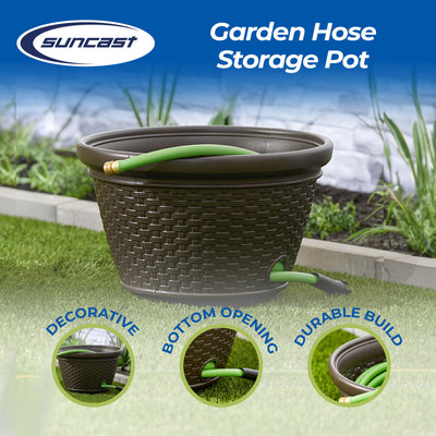 Suncast 100 Foot Resin Wicker Garden Water Hose Caddy Storage Holder Pot, Java