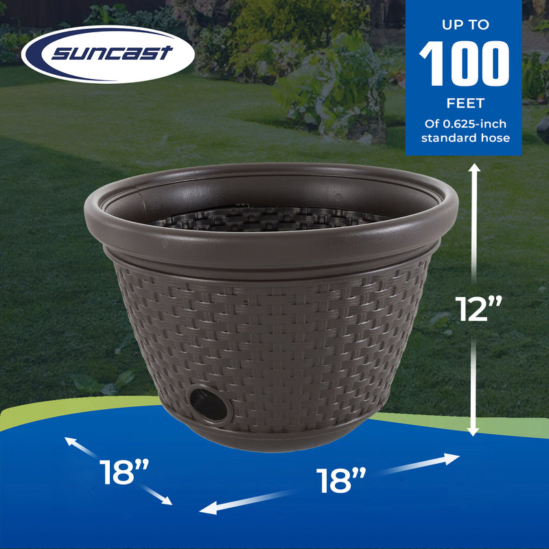 Suncast 100 Foot Resin Wicker Garden Water Hose Caddy Storage Holder Pot, Java