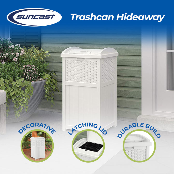 Suncast GHW1732WH Trashcan Hideaway Outdoor 33 Gallon Garbage Waste Bin, White