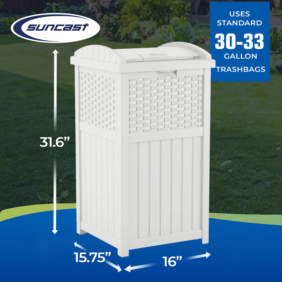 Suncast GHW1732WH Trashcan Hideaway Outdoor 33 Gallon Garbage Waste Bin, White