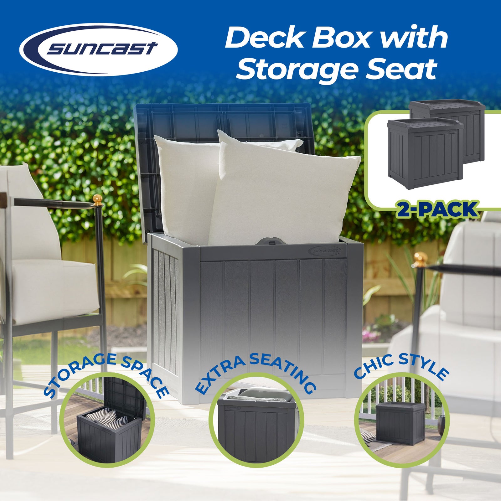 Suncast 22 Gallon Outdoor Patio Small Deck Box with Storage Seat, Stone (2 Pack) - VMInnovations