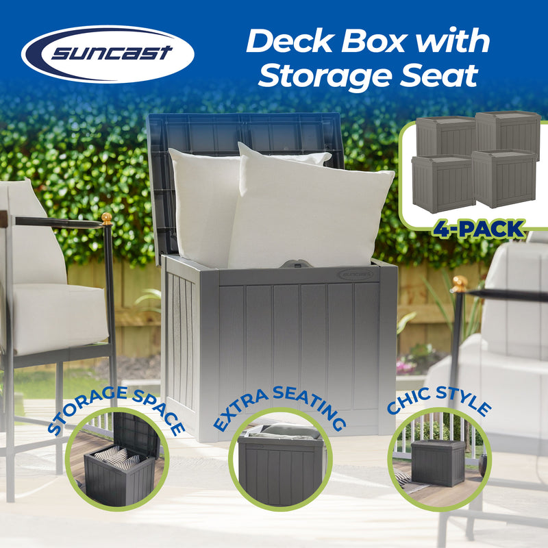 Suncast 22 Gallon Outdoor Patio Small Deck Box with Storage Seat, Stone (4 Pack) - VMInnovations