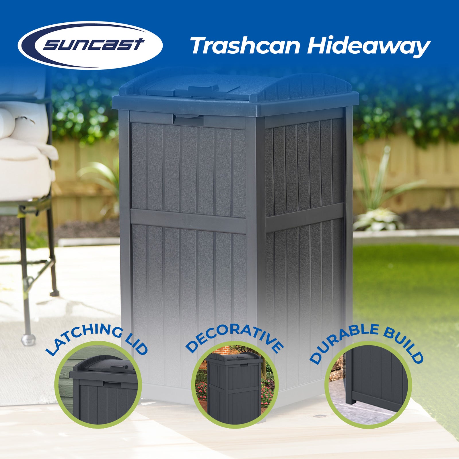 Suncast 22 Gallon Outdoor Small Deck Box & 30 Gallon Trash Waste Bin, Cyberspace - VMInnovations
