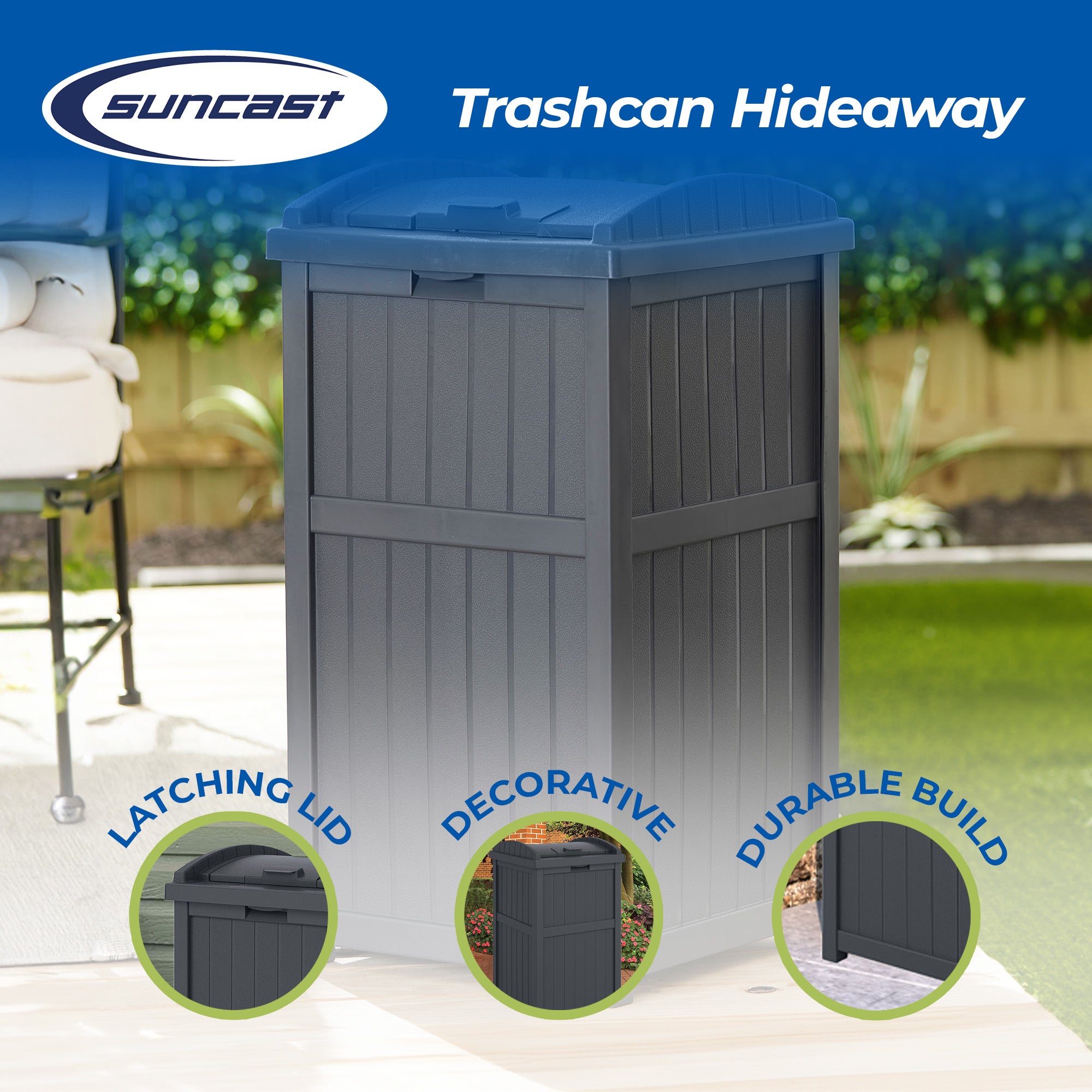 Suncast 22 Gallon Outdoor Small Deck Box & 30 Gallon Trash Waste Bin, Cyberspace - VMInnovations