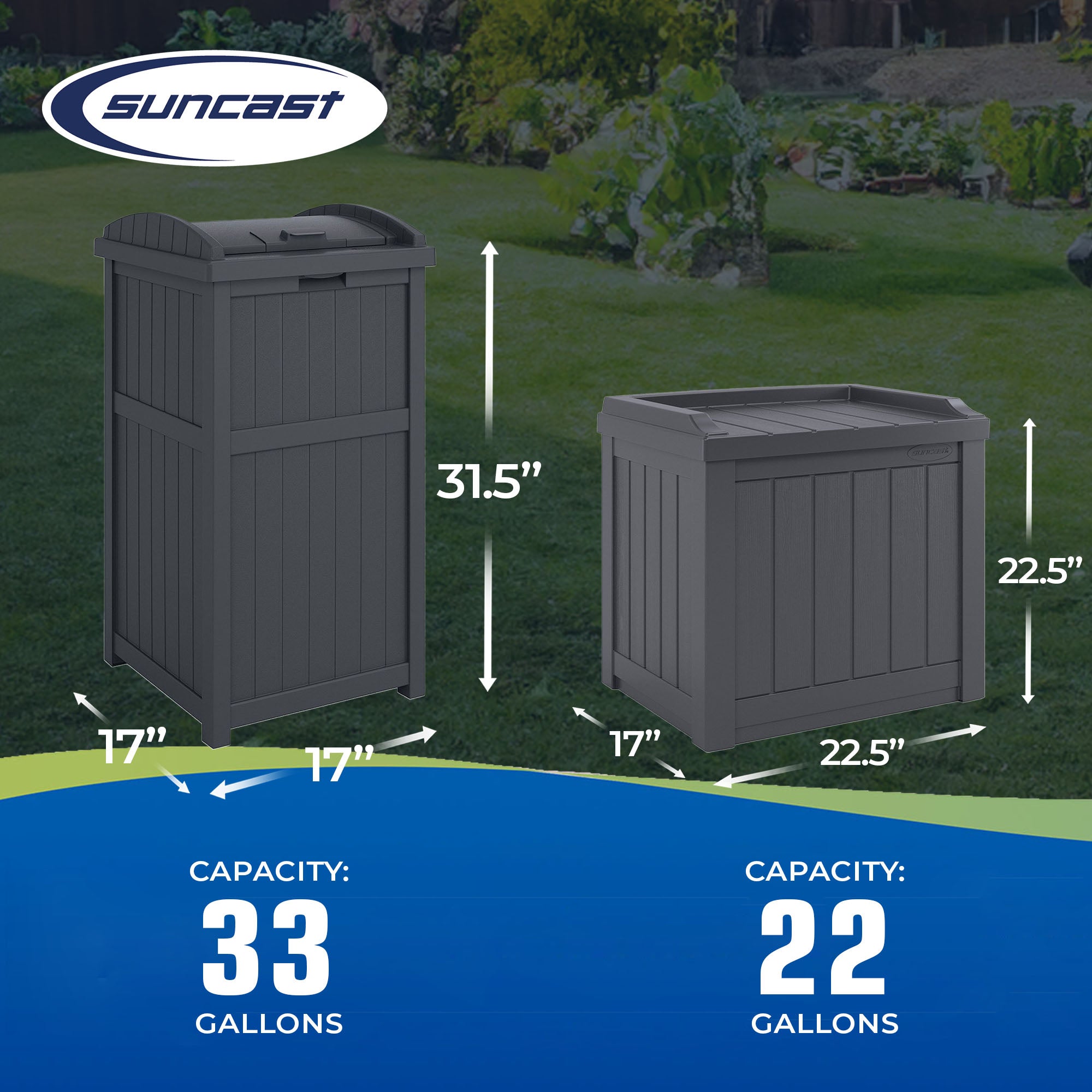 Suncast 22 Gallon Outdoor Small Deck Box & 30 Gallon Trash Waste Bin, Cyberspace - VMInnovations