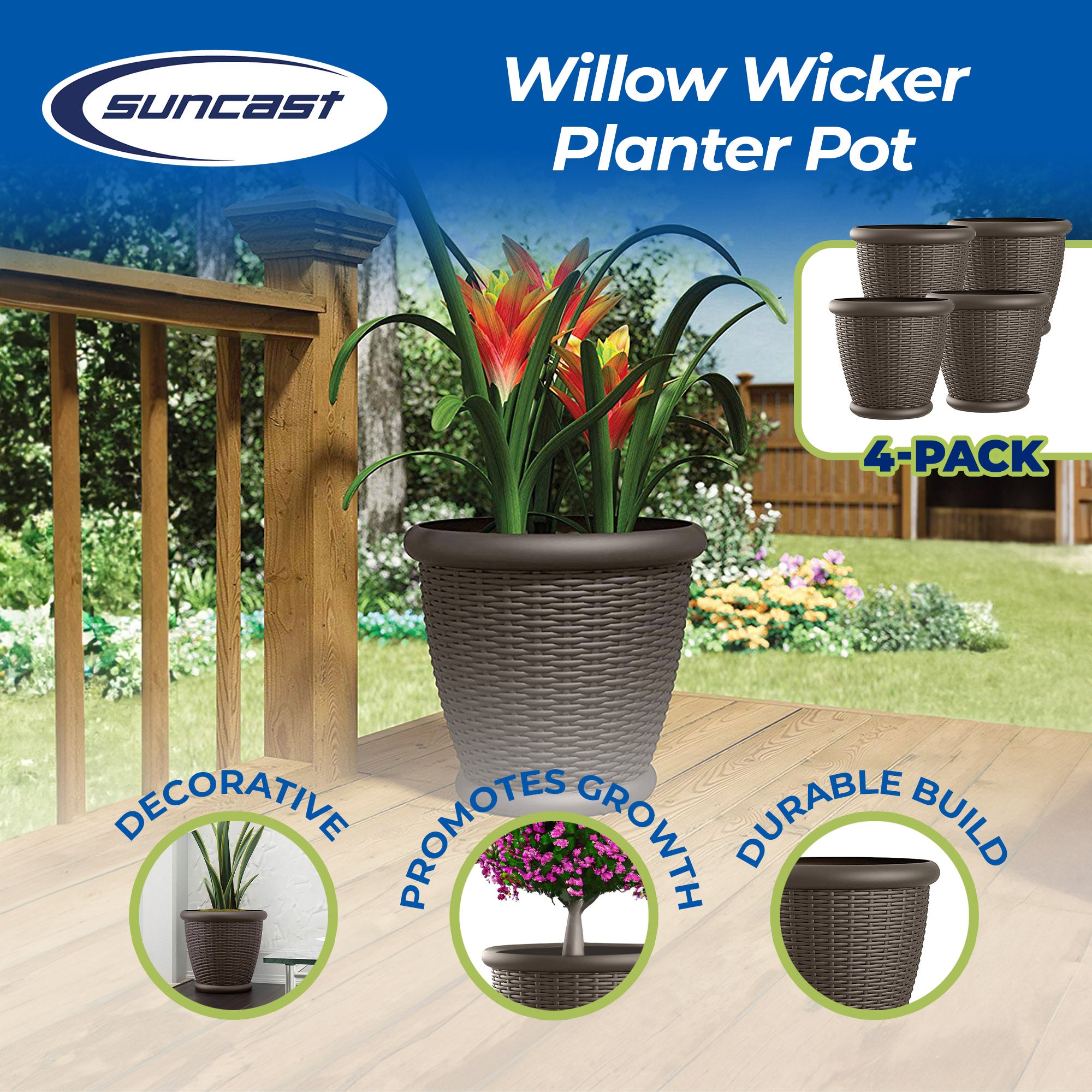 Suncast Willow 18" Diameter Decorative Wicker Patio Planter Pot, Java (4 Pack) - VMInnovations
