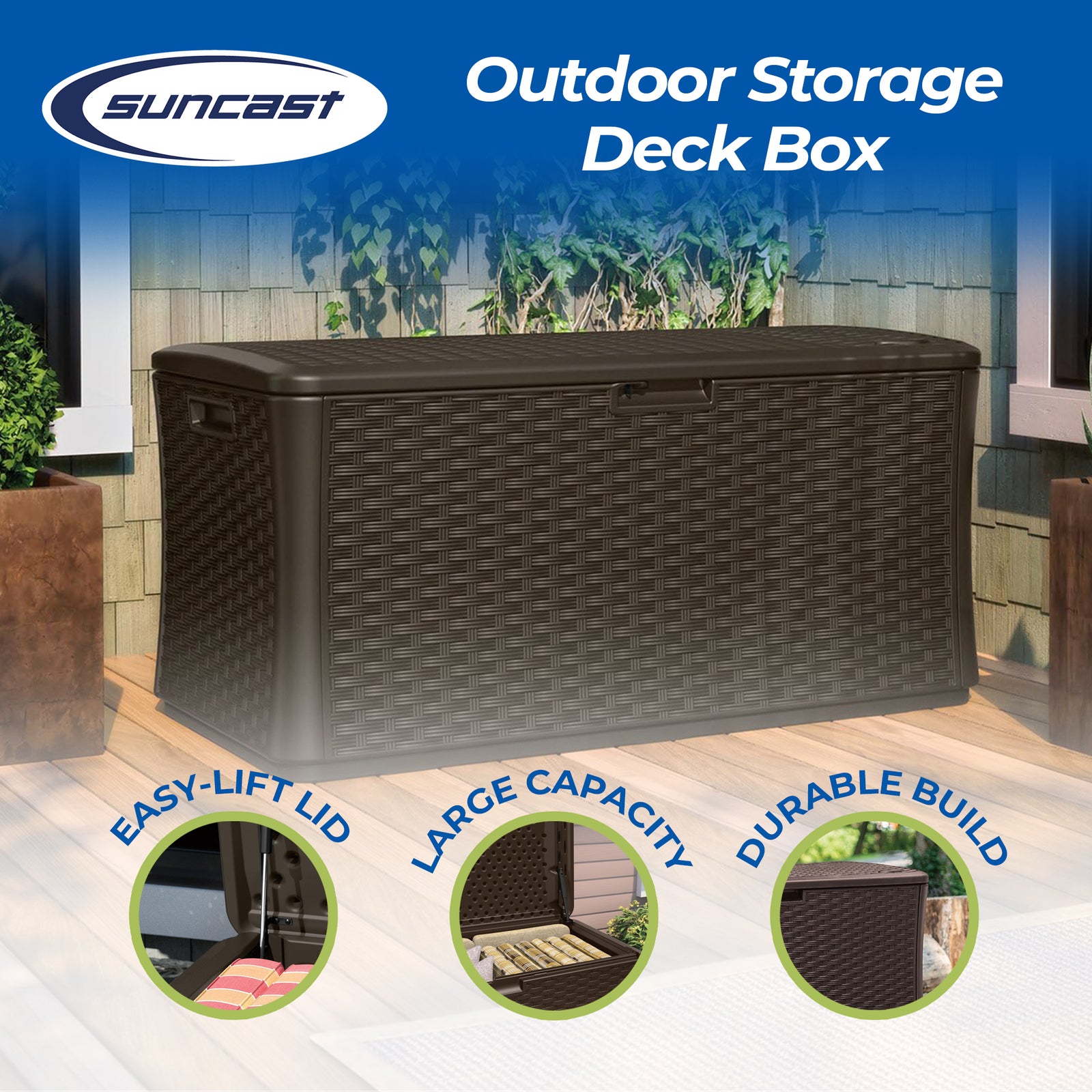 Suncast 134 Gallon All-Weather UV-Resistant Outdoor Patio Storage Deck Box, Java - VMInnovations