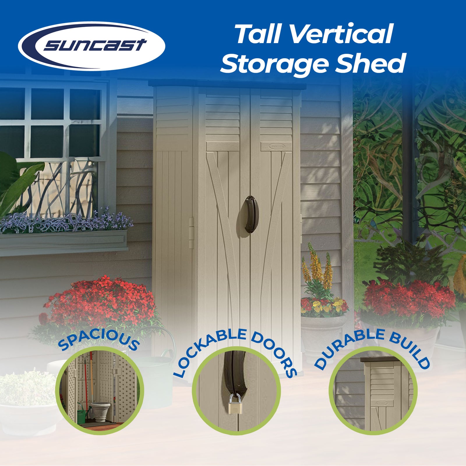 Suncast 22 Cubic Feet All-Weather Vertical Tall Outdoor Storage Shed, Brown - VMInnovations