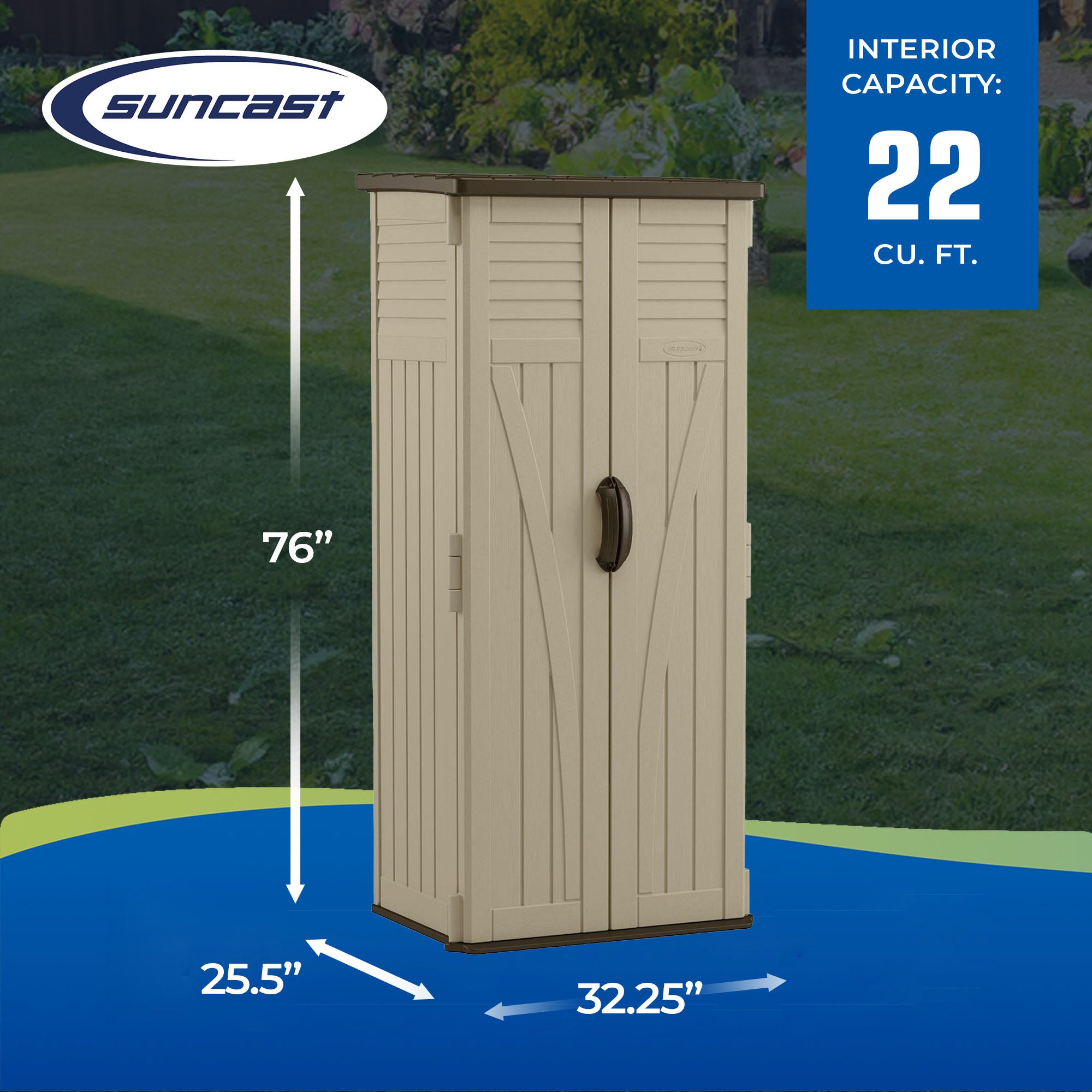 Suncast 22 Cubic Feet All-Weather Vertical Tall Outdoor Storage Shed, Brown - VMInnovations