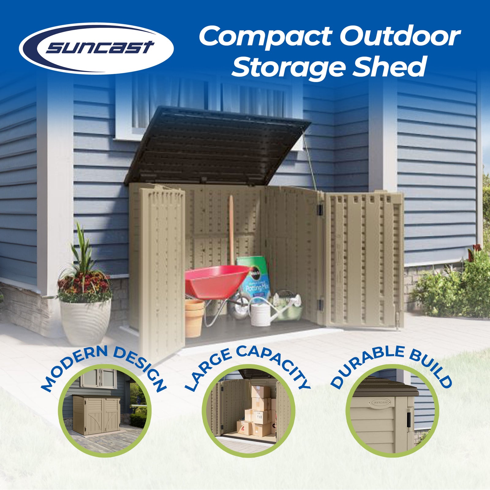 Suncast 34 Cubic Feet Horizontal Compact Storage Shed for Outdoor Spaces, Sand - VMInnovations