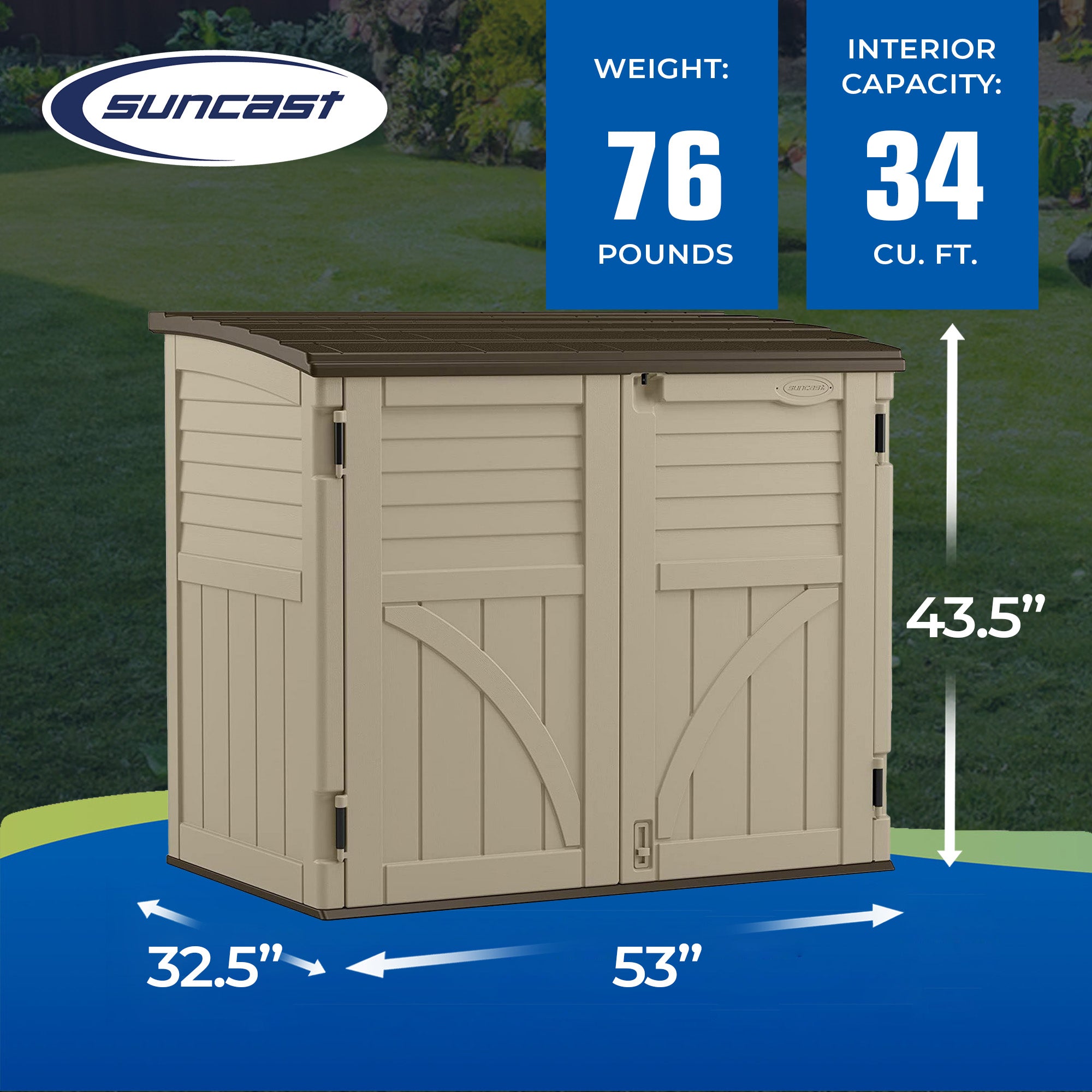 Suncast 34 Cubic Feet Horizontal Compact Storage Shed for Outdoor Spaces, Sand - VMInnovations