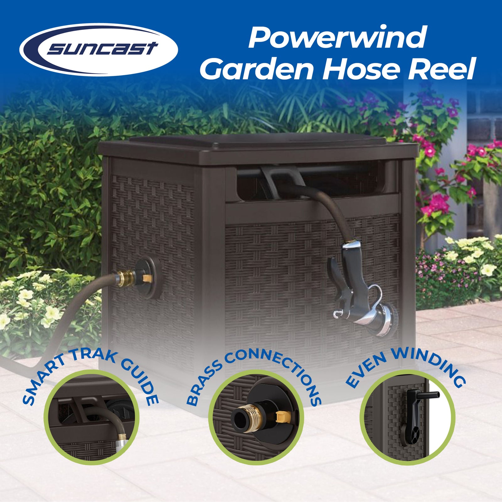 Suncast 150 Foot Slide Trak Outdoor Garden Water Hose Hideaway for Patio, Java - VMInnovations
