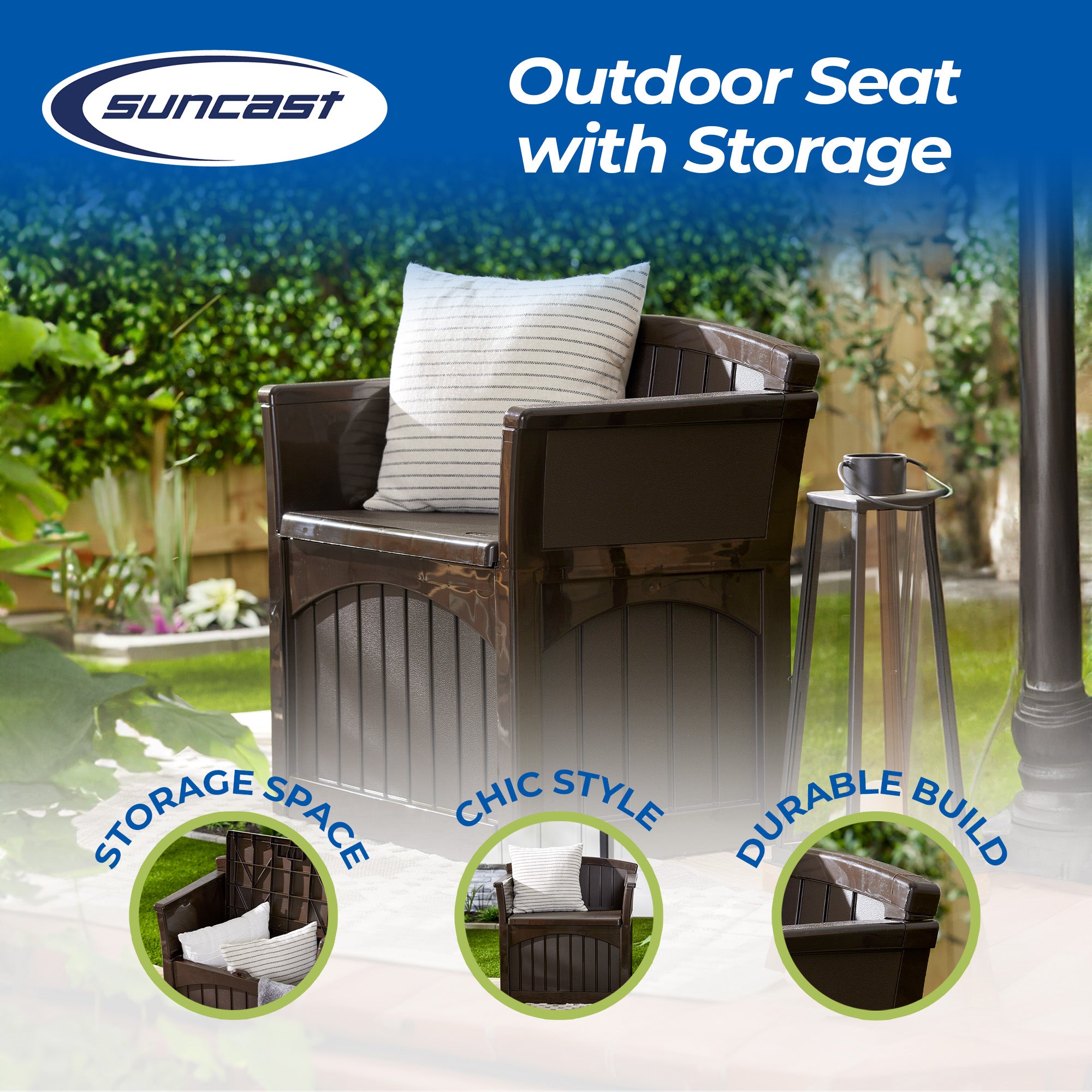 Suncast 31 Gallon Patio Seat Outdoor Storage and Bench Chair, Java (Used)