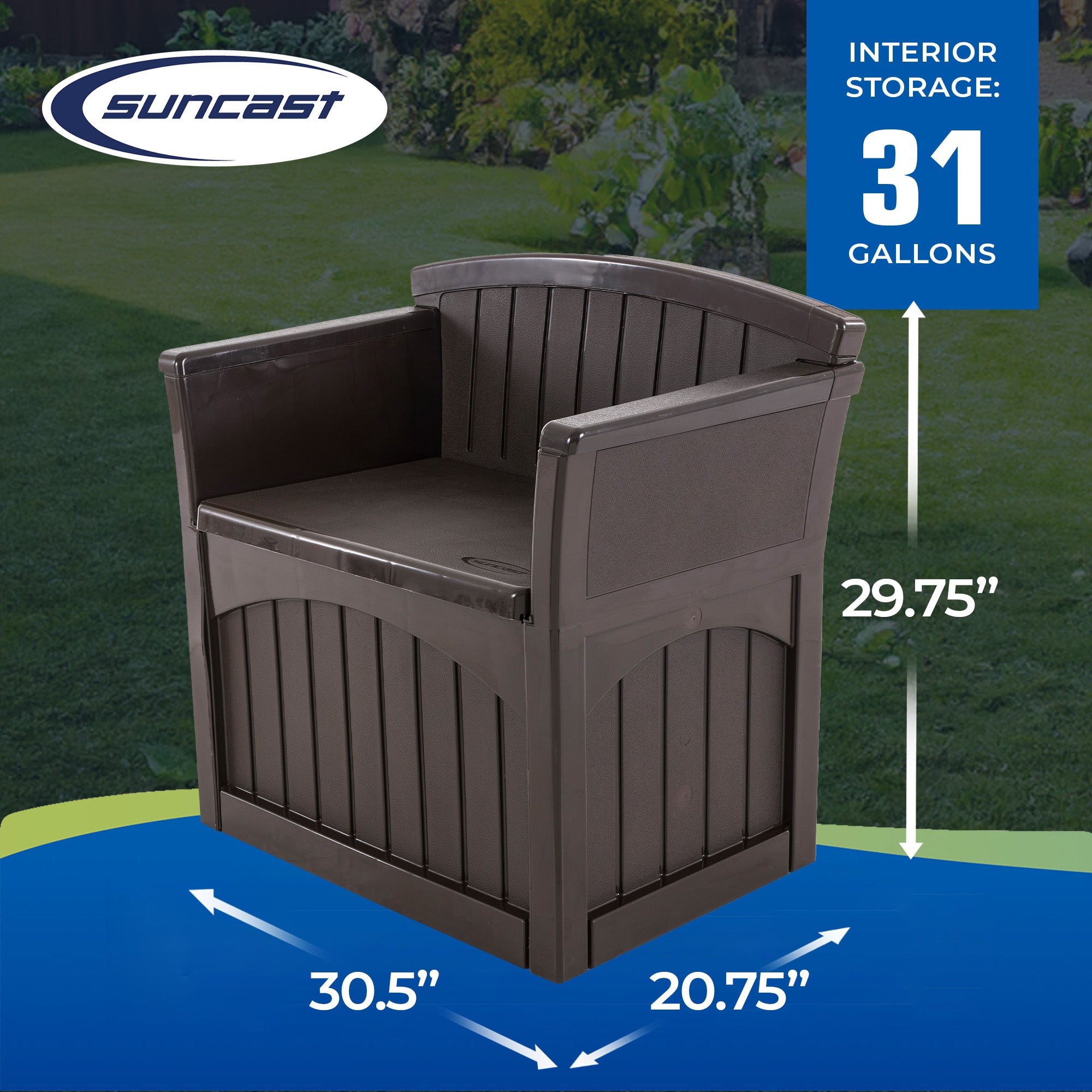 Suncast 31 Gallon Patio Seat Outdoor Storage and Bench Chair, Java (Used)