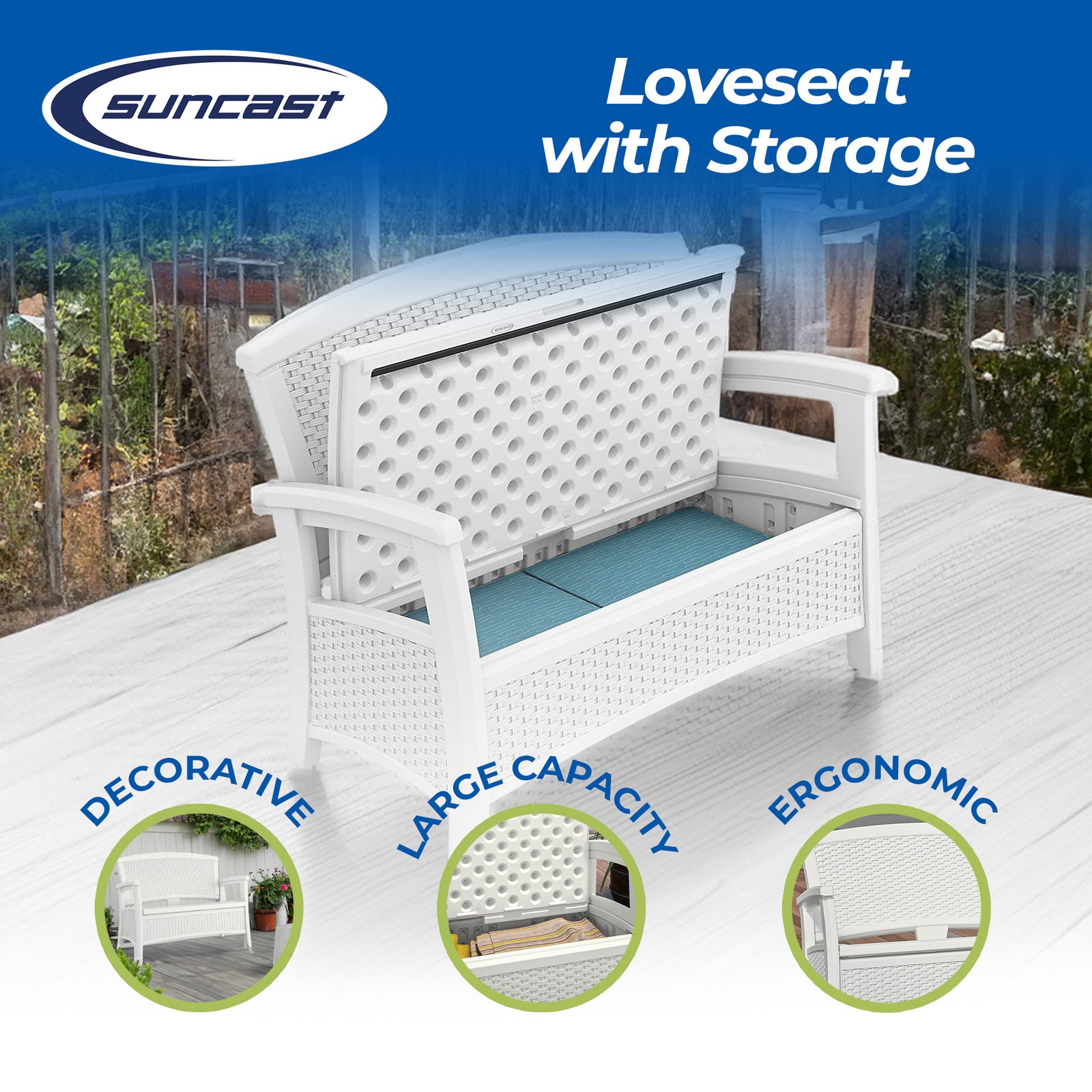 Suncast Elements BMWB5000W Resin Wicker Design Loveseat with Storage, White - VMInnovations