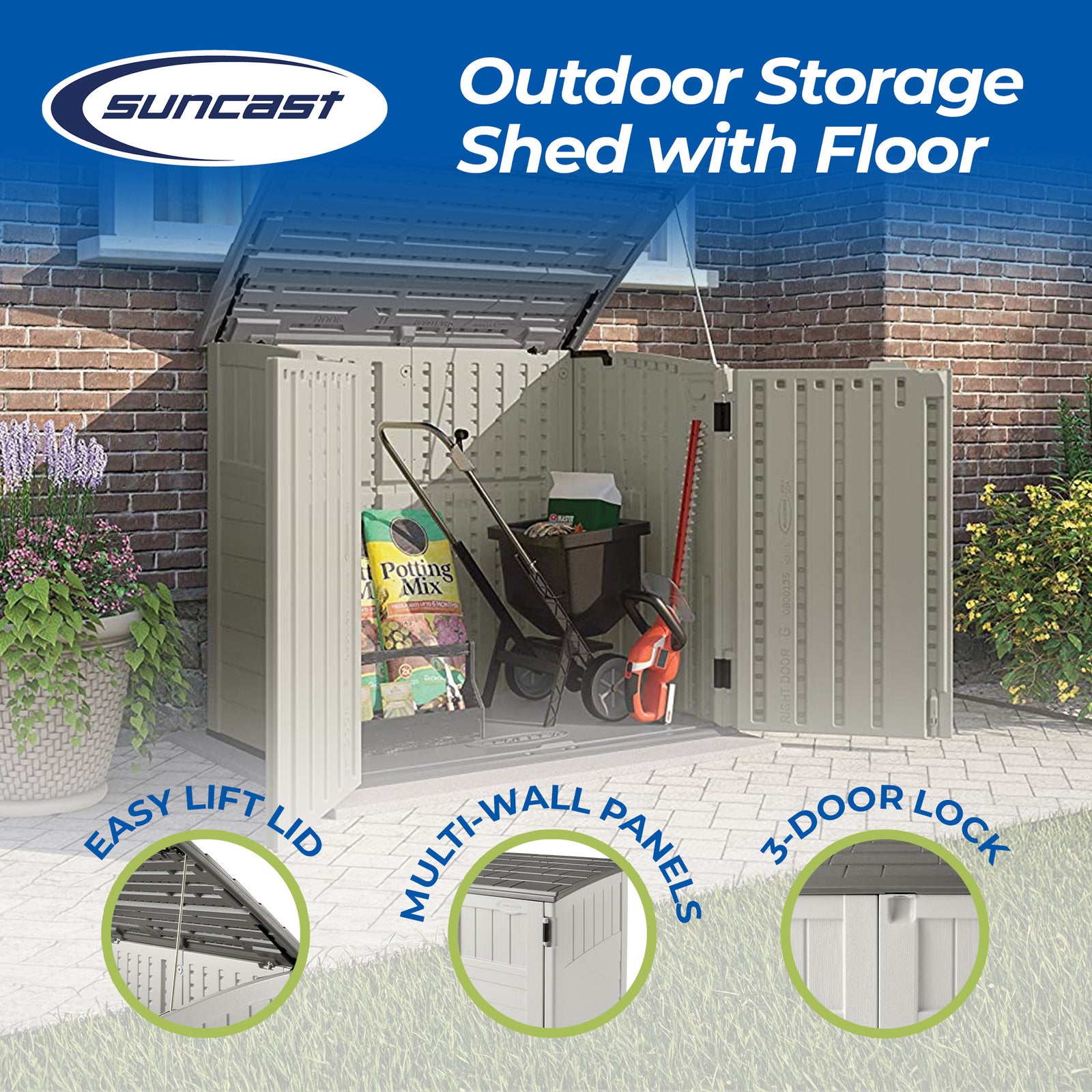 Suncast BMS2500 53 x 31.5 x 45.5" Horizontal Resin Outdoor Storage Shed w/ Floor - VMInnovations