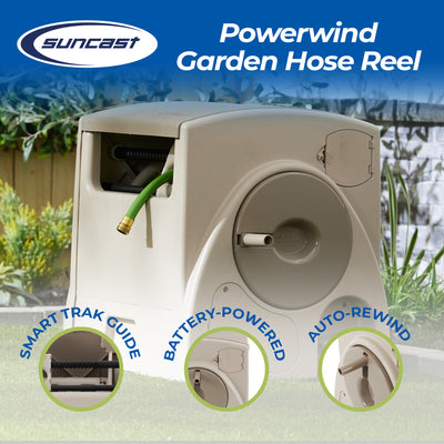 Suncast 100 Ft Powerwind Auto Rewind Hose Reel, Light Taupe (Open Box) (2 Pack) - VMInnovations