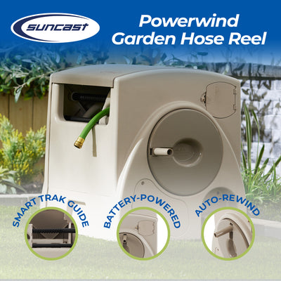 Suncast CPLPW100 Powerwind 100' Automatic Garden Reel for 5/8" Hose, Taupe