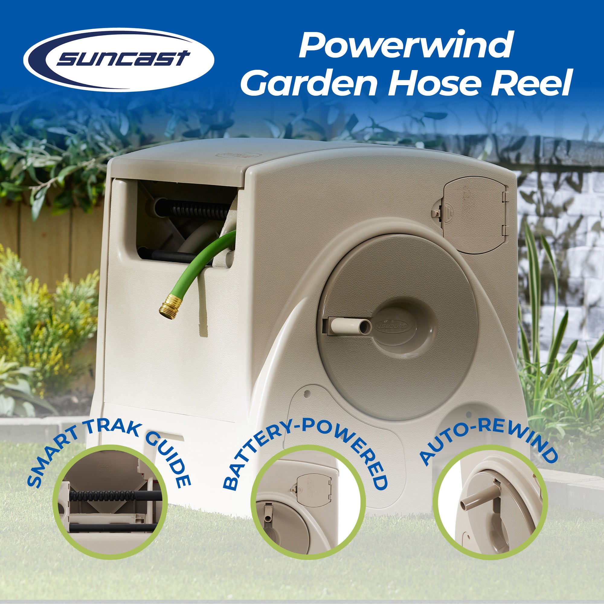Suncast 100 Foot Powerwind Automatic Rewind Hose Reel, Light Taupe (Open Box) - VMInnovations