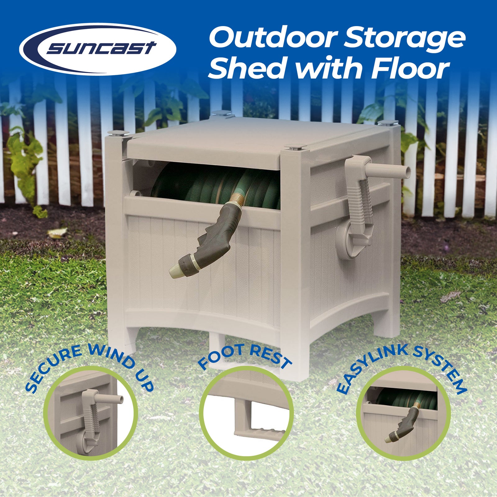 Suncast CPLPHH100D Hideaway 100' Resin Garden Hose Reel for 5/8" Hoses, Taupe - VMInnovations