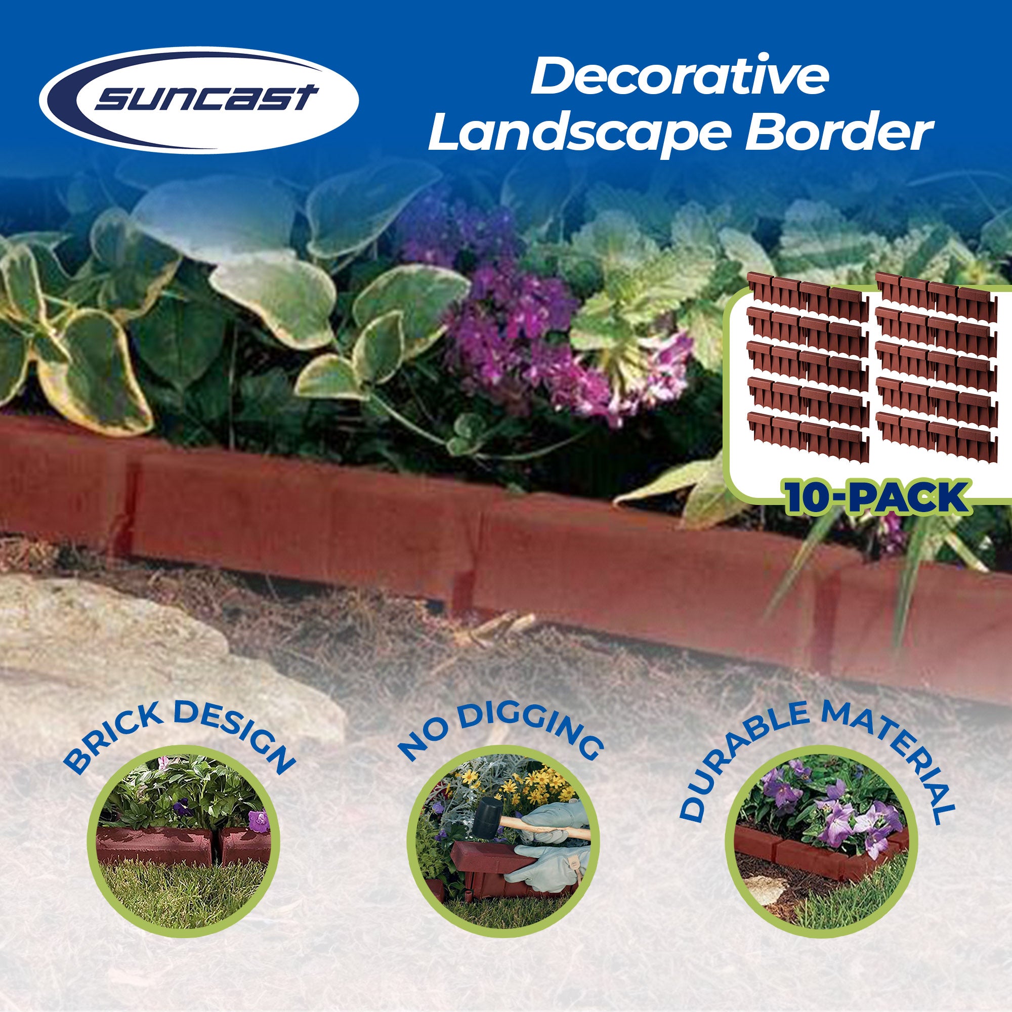 Suncast BBE10TC 12 Inch Section, Interlocking Brick Resin Border Edging, 10 Pack - VMInnovations