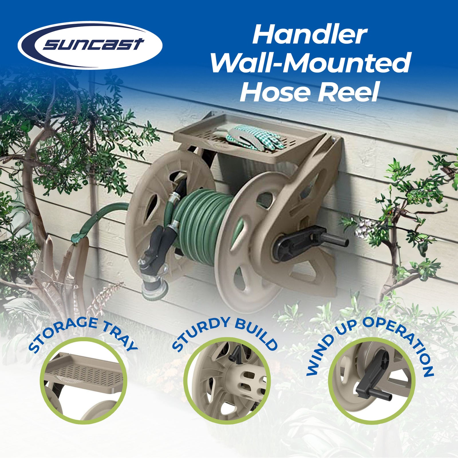 Suncast Handler 200 Foot Resin Wall Mounted Outdoor Garden Hose Reel, Taupe - VMInnovations