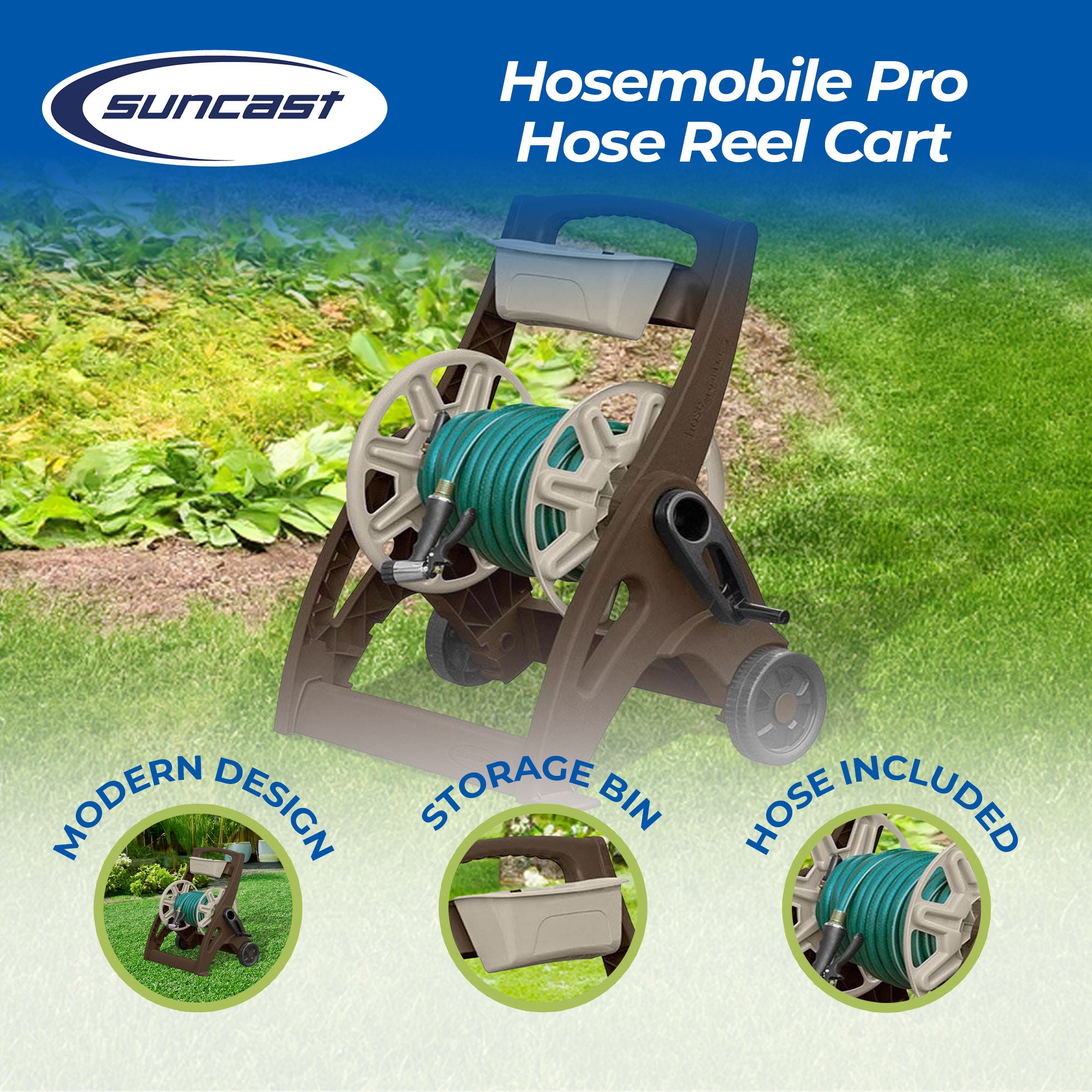 Suncast 225 Foot Capacity Durable Hosemobile Pro Garden Hose Reel Cart, Mocha