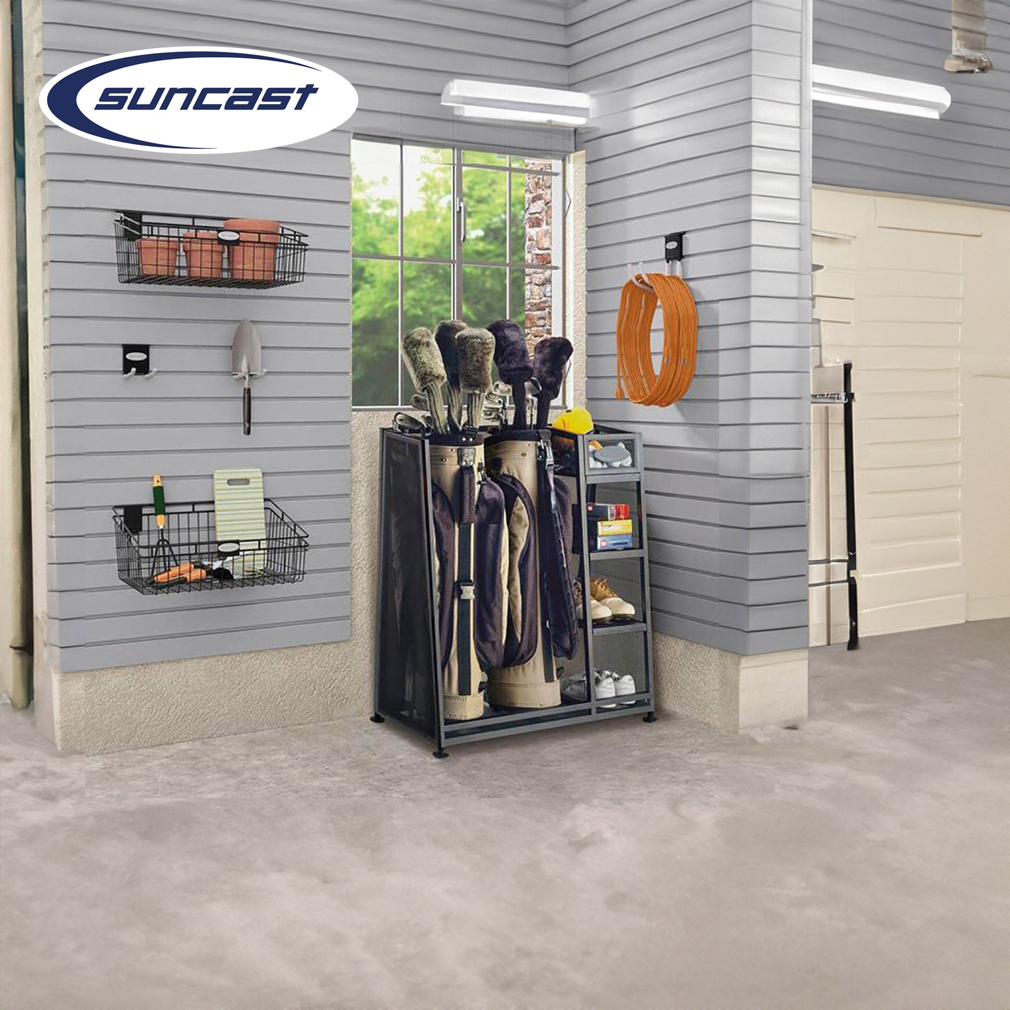 Suncast GO3216D Metal Golf Equipment Organizer Storage Rack w/ 3 Shelves, Black - VMInnovations