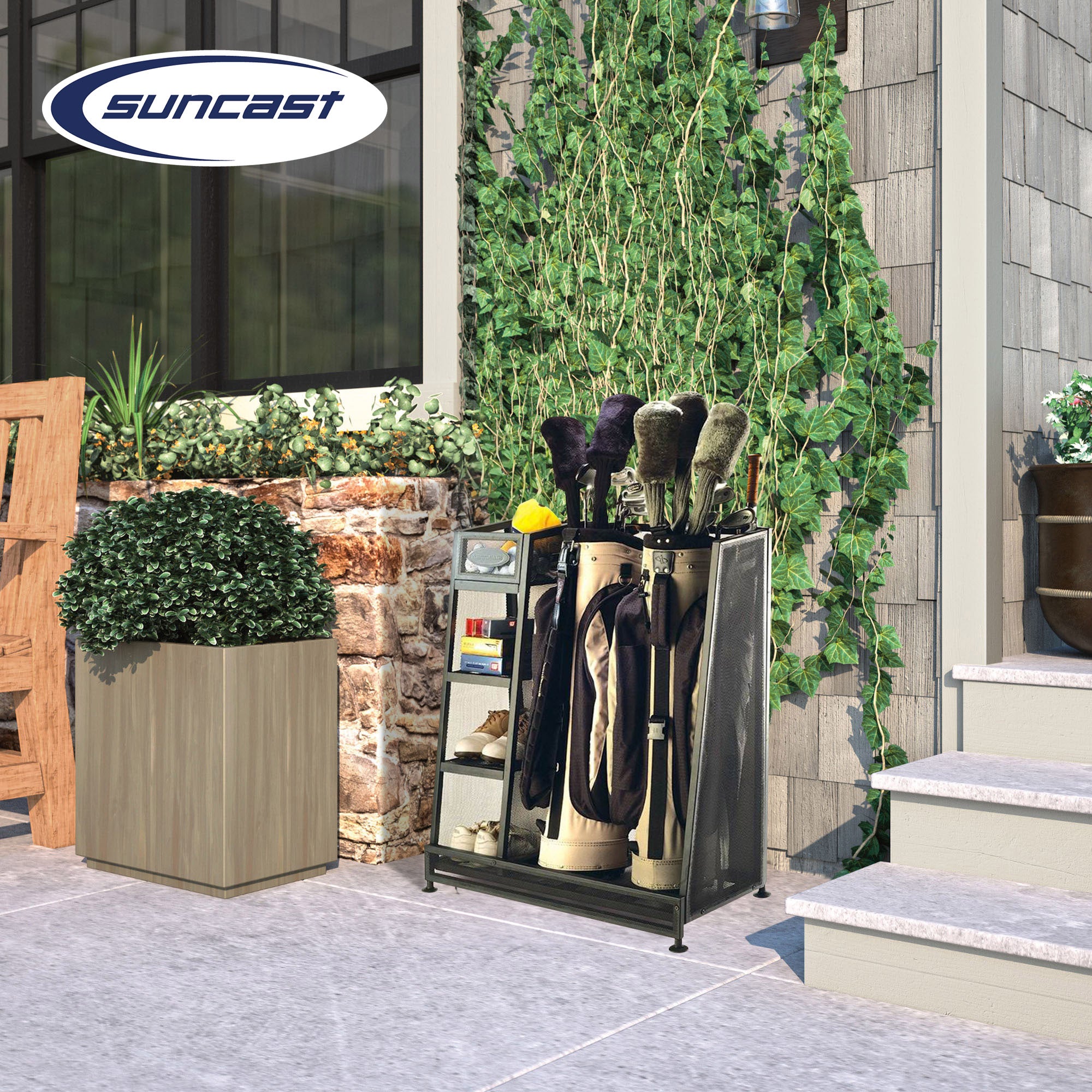 Suncast Metal Complete Golf Bag Organizer for Garage w/ Shelves & Bin (2 Pack) - VMInnovations